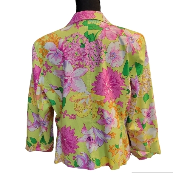 Rafaella Cropped Jacket Neon Floral Cotton/Spandex Blend Size 16 - Picture 5 of 6